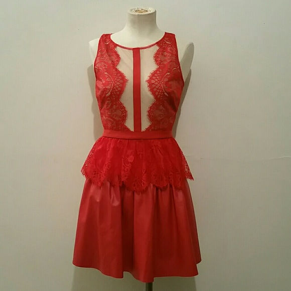 BCBG MAXAZRIA Red Lace and Leather Look Dress