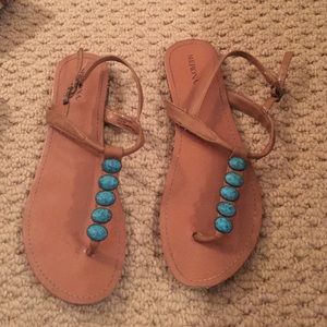 Tan sandals with turquoise stones