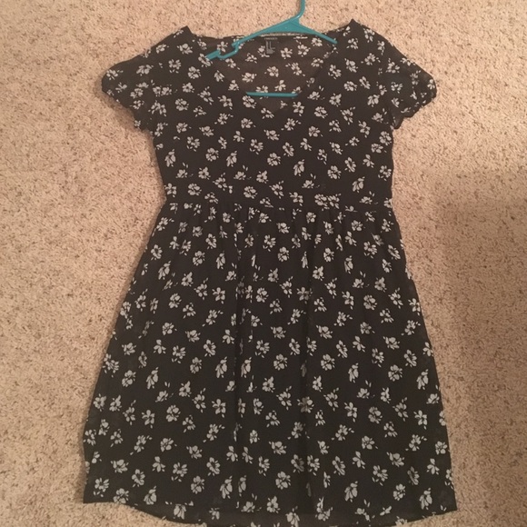 Black grey flower dress, v neck