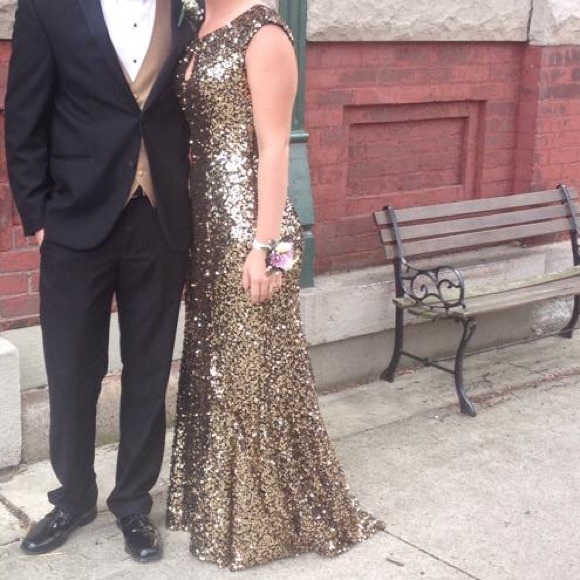 Tony Bowls Gold Sequin Prom Party Cocktail Event Evening Gown Dress Scoop back - Picture 1 of 4
