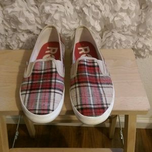 Red plaid slip on sneaker shoes