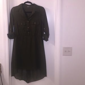 Sheer Army green high-low 3 quarter sleeve dress