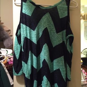 Aqua and navy chevron cold shoulder sweater