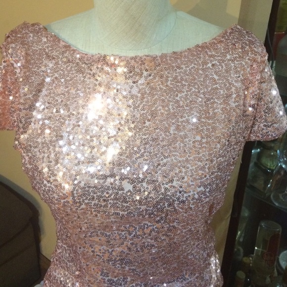 Rose gold long cocktail dress w/sequins