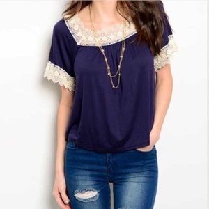 SALE! Navy top with crochet detail!