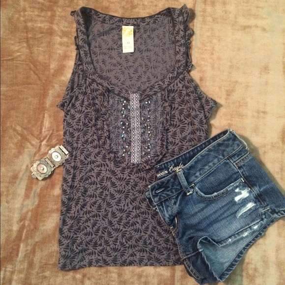 Gray floral print boho ruffled tank top