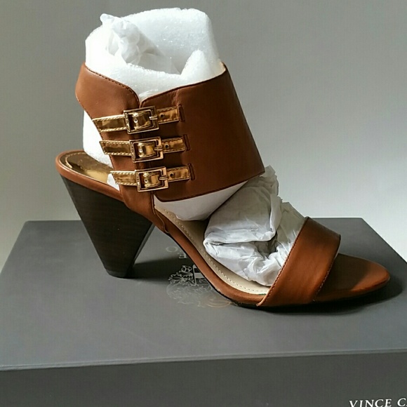 VINCE CAMUTO BROWN & COPPER LEATHER CHUNKY SANDAL - Picture 2 of 4