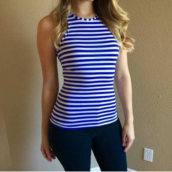 Blue & White Striped High Neck Tank (LAST LRG!) - Picture 3 of 4