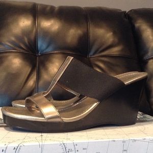 Silver and black wedge sandals