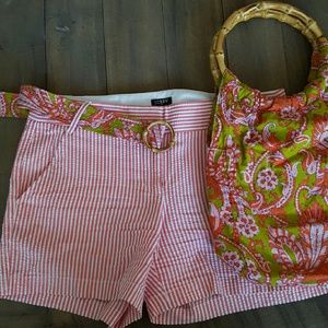 J Crew coral white seersucker shorts