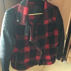 Plaid jacket with leather sleeves