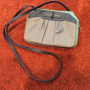 Grey, teal, and blue clutch.