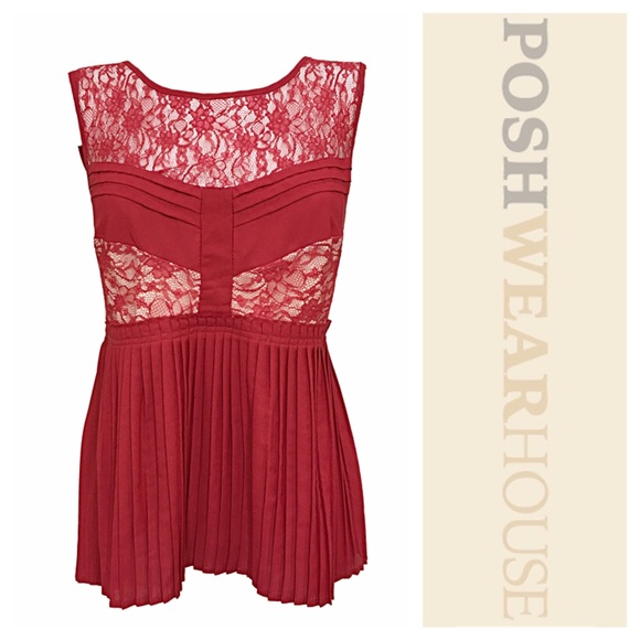 American Eagle Outfitters Tops - Red High Low Lace & Accordion Pleat Tank Top