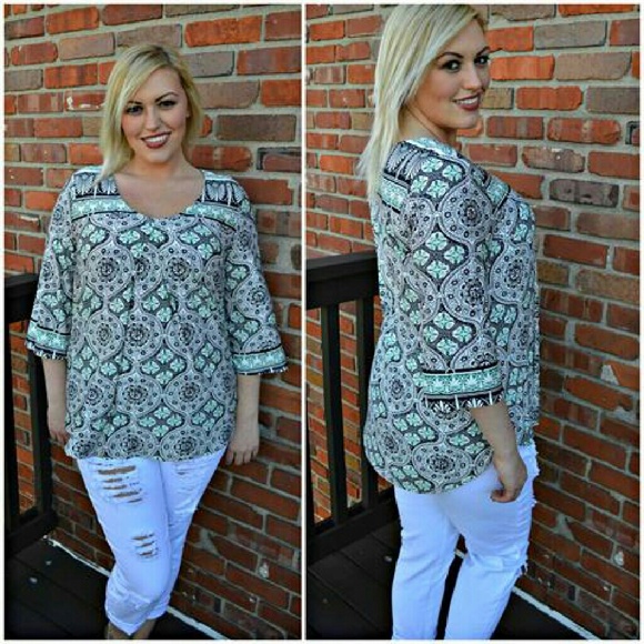 Jade and Black Decorative Print Top
