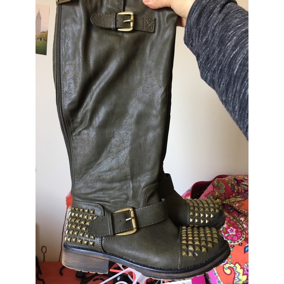 Olive Green Tall Studded Boots