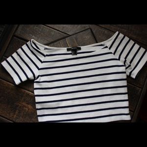 Navy blue and white striped crop top