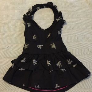 Anthropologie bird print ruffle halter top