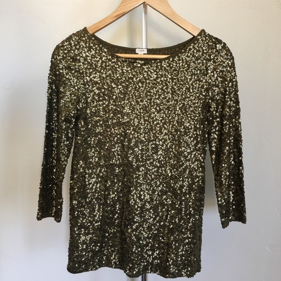 JCrew 3/4 Sleeve Draped Sequin Tee Olive Green - Picture 3 of 4