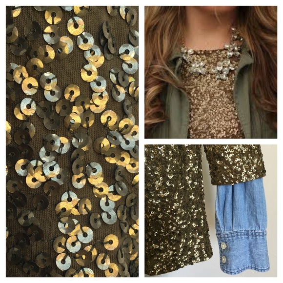 JCrew 3/4 Sleeve Draped Sequin Tee Olive Green - Picture 4 of 4