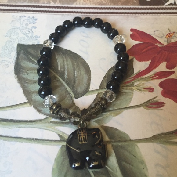 Handmade Black Beaded Elephant Bracelet