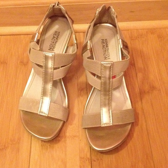 Tan and gold wedge heels