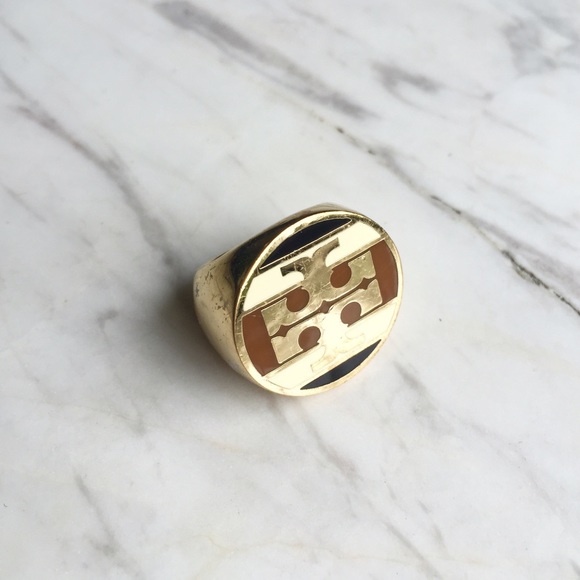 Rare Tory Burch Striped Logo Ring in Gold