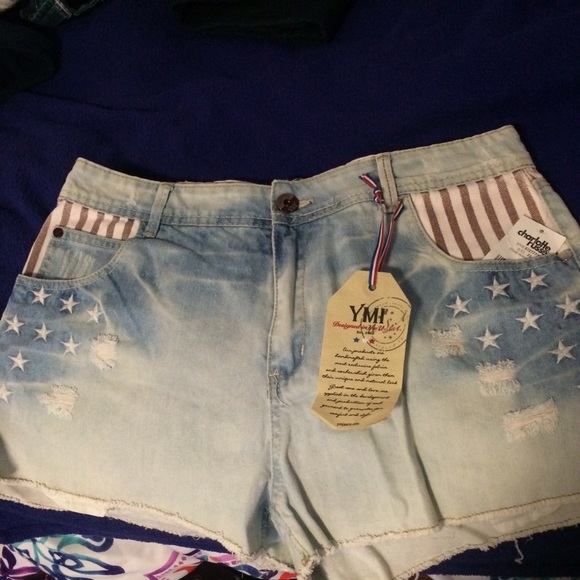 Stars and Stripes high waisted light wash shorts