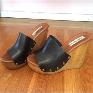 Leather wood Wedges slides sandals