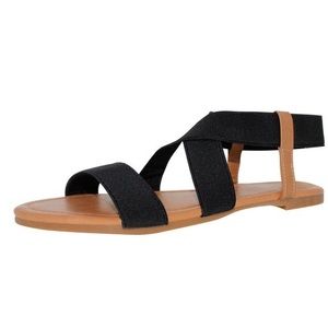 Black sandals with tan brown platform