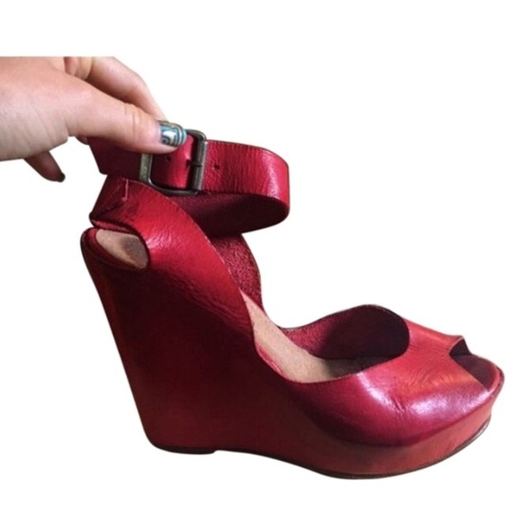 Red ankle strap wedges