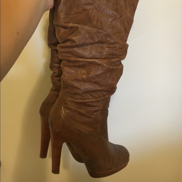 Brown leather tall high heel boots