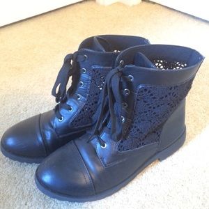 Black crocheted paneled boots