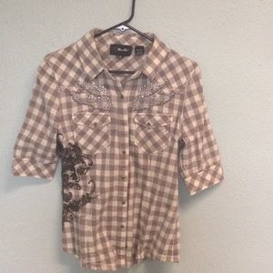 Short sleeve Miss Me, snap up top.