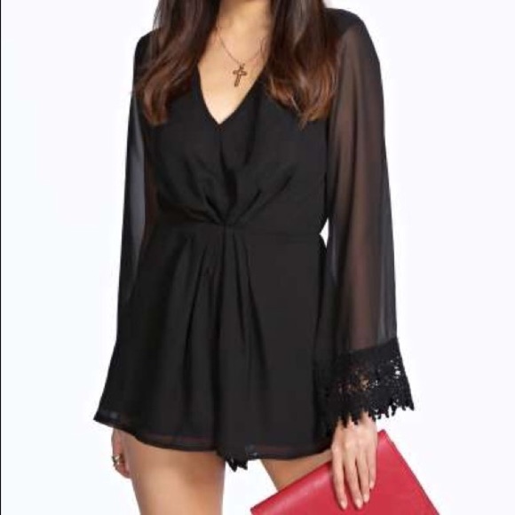 Black sheer bell sleeves boho festival romper