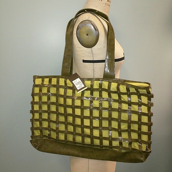 Tote- olive vinyl lattice over chartreuse cotton