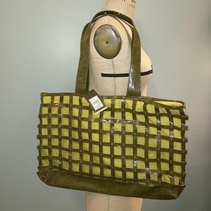 Tote- olive vinyl lattice over chartreuse cotton