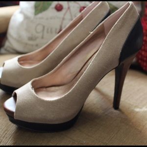 BCBGeneration Nude, Brown, & Black Peep-toe Heels