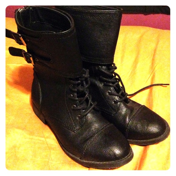 Black Combat Boots - Man Made Material