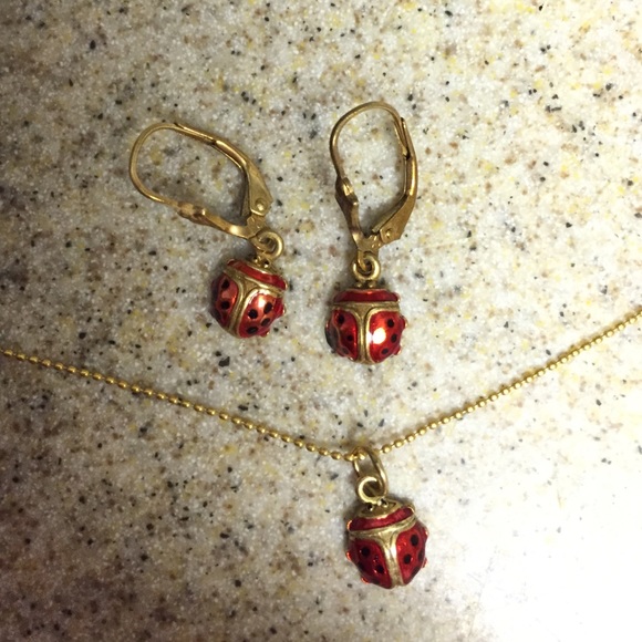 Solid 10k Gold Lady Bug Necklace and Earrings Set
