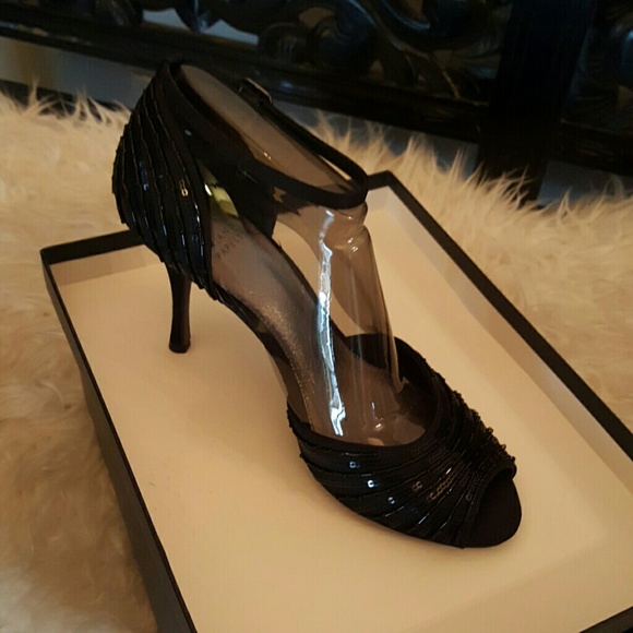 PeepToe Blk Beaded Sequin Evening Pumps Sz 8.5