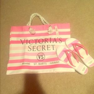 Victoria's Secret beach tote and sandals