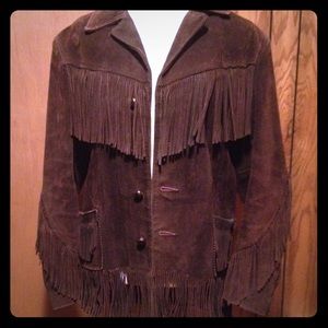 Vintage chocolate brown leather fringe jacket.