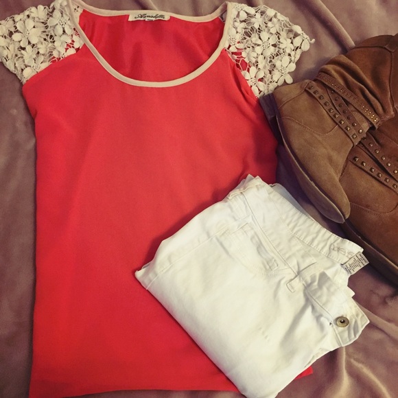 Boutique Neon Coral Floral Lace Crochet Top