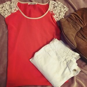 Boutique Neon Coral Floral Lace Crochet Top