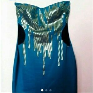 Blue strapless dress with black and silver details