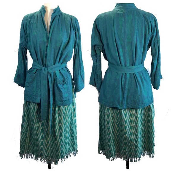 Teal Ikat Guatemala Woven Cotton Skirt Boho Jacket - Picture 1 of 4