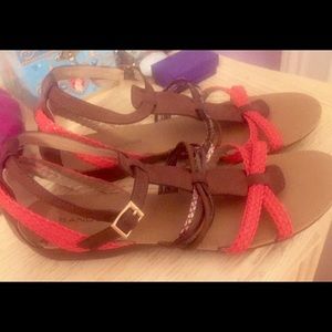 Coral sandals with snake skin print