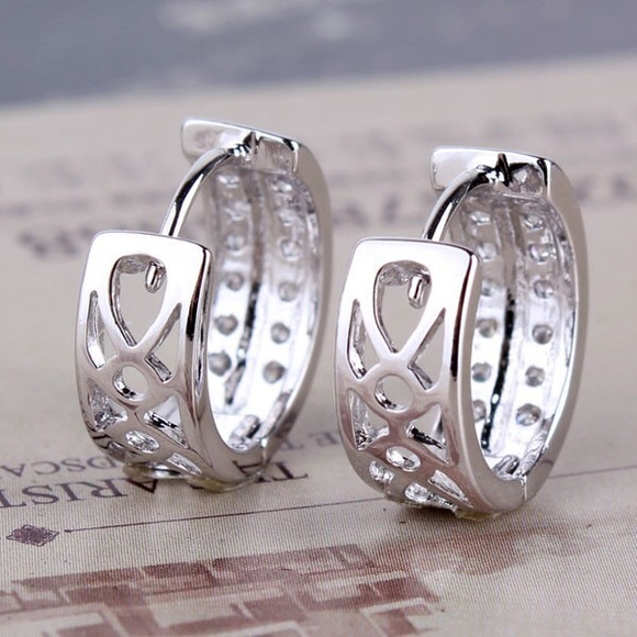 18K White Gold Plated CZ Huggie Earrings - Picture 2 of 4