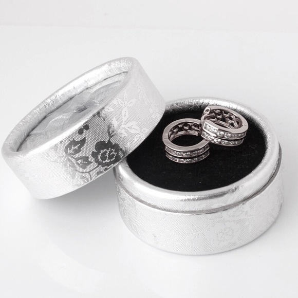 18K White Gold Plated CZ Huggie Earrings - Picture 3 of 4