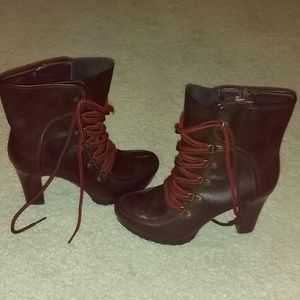 A.N.A Brown Leather Booties with Brown & Red Laces